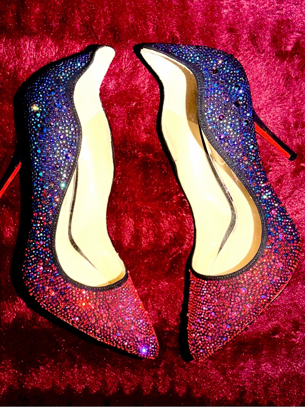 Jessica Simpson Red/Pink and Blue with Red Bottoms, Embellished Stiletto Heels - Picture 2 of 11